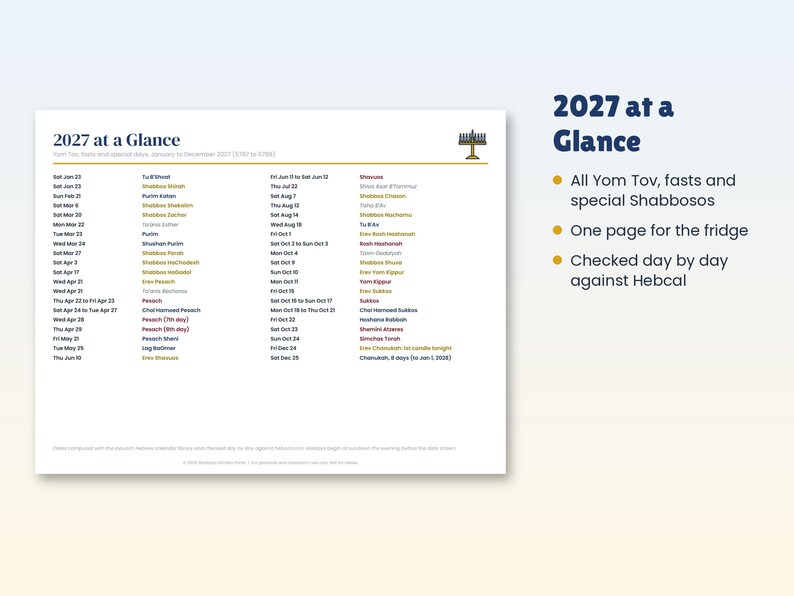 Op de afbeelding: Een kalenderblad voor 2027 met de titel 2027 at a Glance en een gouden menora-icoon. Het document bevat een lijst met Joodse feestdagen, vastendagen en speciale Shabbosos van januari tot december 2027, gecontroleerd met Hebcal-gegevens.