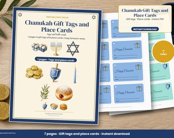 Chanukka-Geschenkanhänger zum Ausdrucken, Chanukka-Geschenkanhänger und Tischkarten, Chag Sameach-Anhänger, Geschenkpapier für jüdische Feiertage, Sofort-Download