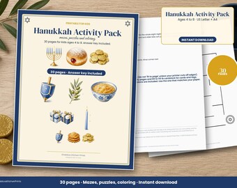 Chanukka-Aktivitätenpaket für Kinder, Chanukka-Arbeitsblätter zum Ausdrucken, Labyrinthe, Wortsuche, Dreidel-Mathematik, Malvorlagen, Alter 4 bis 8 Jahre, 30 Seiten