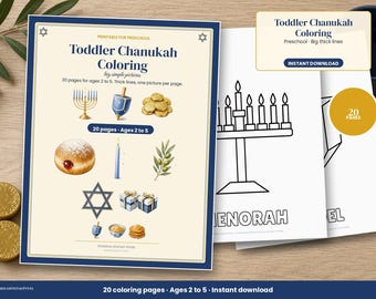 Chanukka-Malvorlagen für Kleinkinder, Chanukka-Malbuch zum Ausdrucken, Chanukka-Aktivität für Vorschulkinder, große, einfache Bilder, 20 Seiten