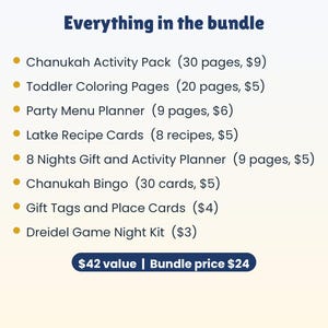 Hanukkah Printable Bundle, 8 Chanukah Activities for Kids and Families, Bingo, Coloring, Dreidel Game, Party Planner, Gift Tags, 121 Pages image 4