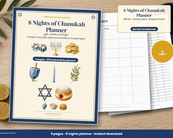 Chanukka-Planer für 8 Nächte, Chanukka-Geschenkliste und Aktivitätsideen, Chanukka-Countdown für die Familie, Budgetplaner, zum Ausdrucken