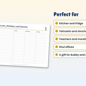 Op de afbeelding: Een wit rechthoekig volgdiagram getiteld Yahrzeits, Birthdays and Simchas met kolommen voor Name, Occasion, Hebrew date en 2027 date. Rechts staat een lijst met de titel Perfect for, inclusief Kitchen and fridge, Yahrzeits and simchas, Teachers and morahs, Shul offices en A gift for Bubby and Zaidy.