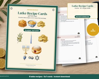 Latke-Rezeptkarten zum Ausdrucken, 8 Chanukka-Latke-Rezepte, Chanukka-Rezeptkarten 5x7, koschere Feiertagsrezepte, Gastgebergeschenk
