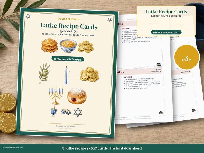 Latke Recipe Cards Printable, 8 Hanukkah Latke Recipes, Chanukah Recipe Cards 5x7, Kosher Holiday Recipes, Hostess Gift image 1