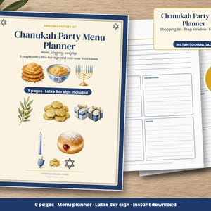 Hanukkah Party Planner Printable, Chanukah Menu Planner, Latke Bar Sign, Food Labels, Shopping List, Hosting Checklist, PDF image 1