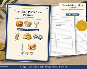 Chanukka-Partyplaner zum Ausdrucken, Chanukka-Menüplaner, Schild für die Latkes-Bar, Lebensmitteletiketten, Einkaufsliste, Checkliste für Gastgeber, PDF