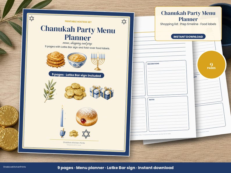 Hanukkah Party Planner Printable, Chanukah Menu Planner, Latke Bar Sign, Food Labels, Shopping List, Hosting Checklist, PDF image 1