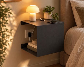 Floating Nightstand with Cable Hole: Wall Mounted Metal Bedside Table with Storage