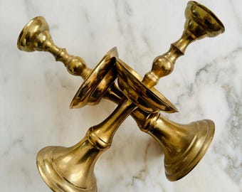 Pair of large Asian style brass candlestick holders