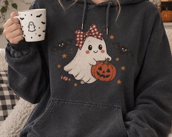 Halloween Ghost Hoodie, Navy Blue Halloween Sweatshirt, Cute Ghost Pumpkin Hoodie