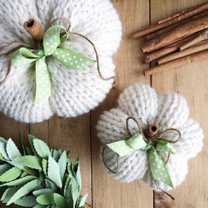 Può includere: Due zucche di lana bianca con dettagli di nastro verde a pois. La zucca più grande è a sinistra e la più piccola a destra. Entrambe le zucche sono su una superficie di legno.