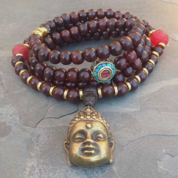 108 bead rosewood tibetan mala with nepalese metal bead recycled african glass and brass Buddha bead