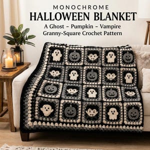 Monochrome Halloween Blanket Crochet Pattern Textured Patchwork Ghost Pumpkin Vampire Granny Square Easy, Ghost Applique, Worsted Weight