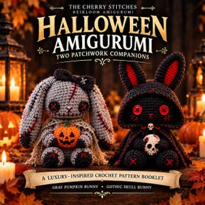 Halloween Amigurumi Patterns | Two Companions | Intermediate Crochet Booklet | Gothic Skull Bunny & Patchwork Pumpkin PDF