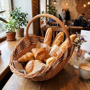May include: A large, oval-shaped woven wicker basket with a high arched handle, filled with an assortment of golden-brown baked goods including several crusty baguettes, flaky croissants, and round bread rolls nestled on white paper liners.