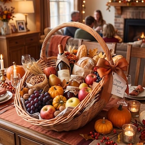 May include: A large woven wicker basket filled with a bottle of wine, a loaf of bread, jars of preserves, red and yellow apples, a pear, small pumpkins, grapes, and walnuts, accented with a brown ribbon and a tag reading Happy Thanksgiving.