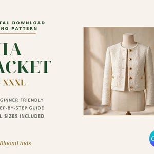 May include: A digital download sewing pattern for the Mia Jacket, available in sizes XS to XXXL. The image displays a cream-colored textured jacket with a round neckline, long sleeves, two front pockets, and gold-toned buttons on a mannequin.