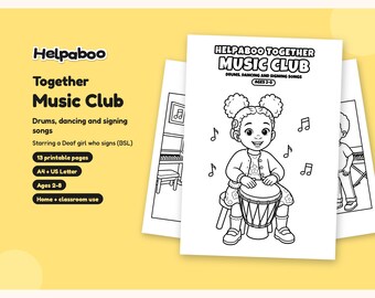 Helpaboo Together Music Club Colouring Book, Deaf Girl, Cochlear Implant & BSL, Inclusive Printable PDF, Kids Ages 2-8, A4 + US Letter