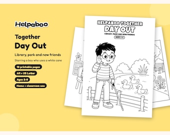 Helpaboo Together Day Out Colouring Book, Boy with Visual Impairment & Cane, Inclusive Printable PDF, Kids Ages 2-8, A4 + US Letter