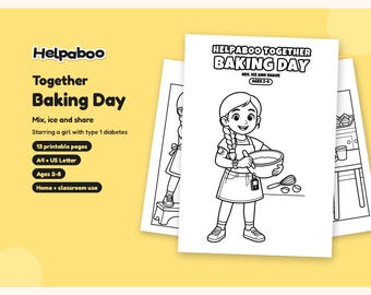 Helpaboo Together Baking Day Colouring Book, Girl with Type 1 Diabetes, Inclusive Printable PDF, Kids Ages 2-8, A4 + US Letter