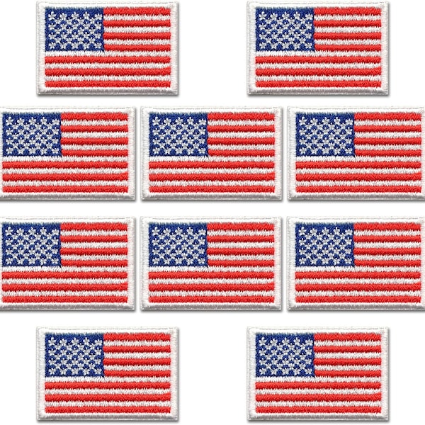 Small American Flag Patches (10-Pack) Patriotic Embroidered Iron-On US Flag Patch Appliques, Iron On, Glue On, or Sew On