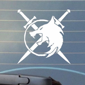 May include: White silhouette of a wolf's head with two crossed swords behind it. The wolf's head is inside a circle. The image is on a blue background.