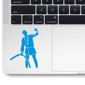 May include: A blue silhouette of a person holding a hose, wearing a robe and a hat, on a white laptop trackpad.