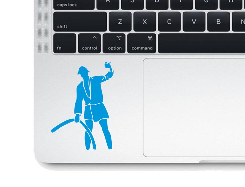 May include: A blue silhouette of a person holding a hose, wearing a robe and a hat, on a white laptop trackpad.