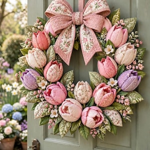 May include: A circular wreath featuring quilted fabric tulips in shades of pink, lavender, and cream, interspersed with green fabric leaves and small white blossoms. A large, matching quilted fabric bow is attached to the top.