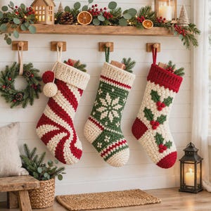 May include: Three crocheted Christmas stockings hanging from wooden hooks. The first is red and white striped with pom-poms, the second is green and white with a snowflake pattern, and the third is cream with red and green holly motifs.