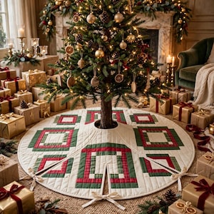 May include: A round fabric Christmas tree skirt featuring a quilted pattern of cream, forest green, and red plaid squares. The skirt has a central opening for the tree trunk and is secured with cream-colored fabric ties at the front seam.