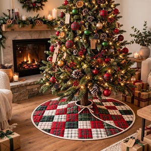 May include: A round Christmas tree skirt featuring a quilted patchwork pattern of red, dark green, and white plaid squares. The fabric mat has a cream-colored border and a central opening with two cream ties to secure it around the tree base.