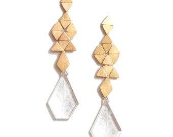 One off piece 18 ct gold earrings with engraved quartz gemstones