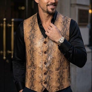 Mens Python Snakeskin Leather Vest - Tan Exotic Western Waistcoat Set