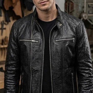 Mens Black Python Embossed Leather Biker Jacket - Snakeskin Biker Coat