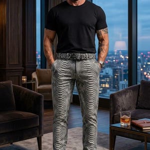 Mens Python Snakeskin Embossed Leather Pants Exotic Biker Trousers