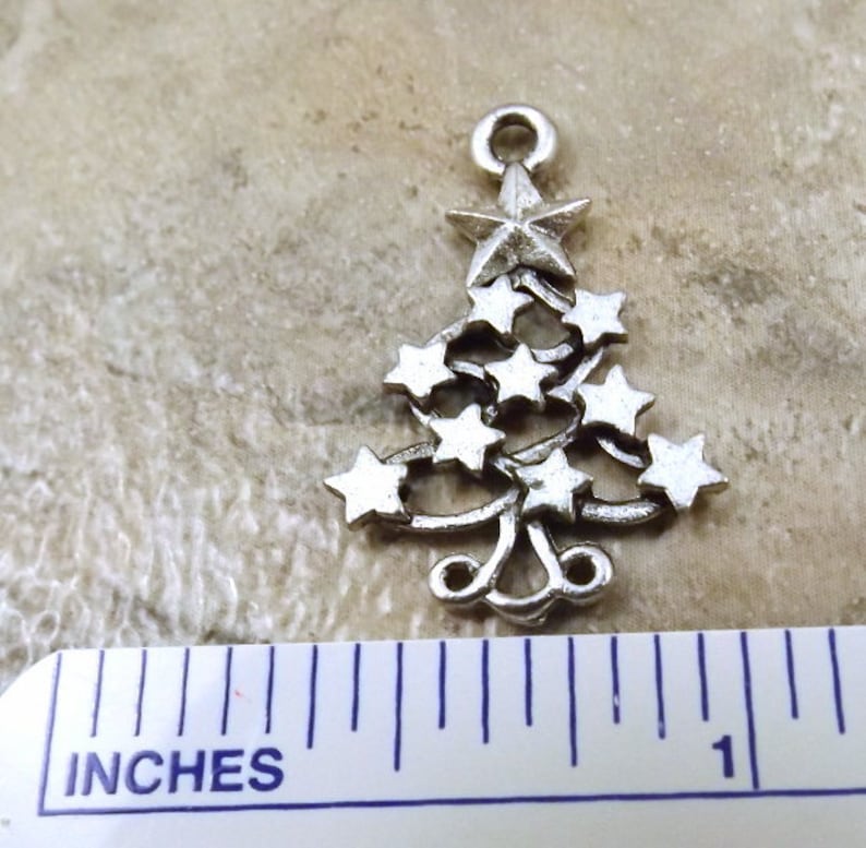 5311 Set of Ten 10 Pewter Christmas Tree Charms with Star Decorations