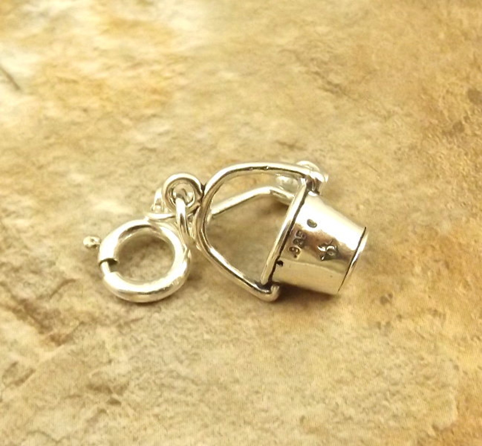 Sterling Silver Sand Pail & Shovel Charm on Spring Ring Fits Etsy