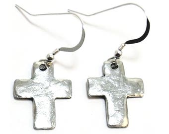 Hammered Pewter Cross Charms on Sterling Silver French Hook Dangle Earrings- 5068