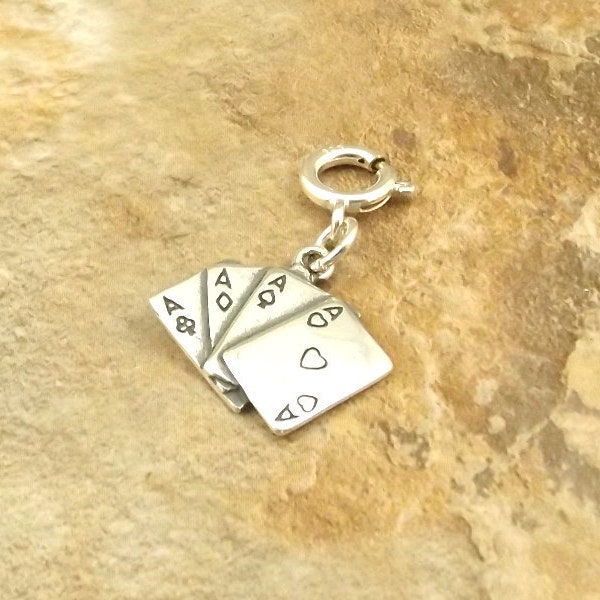 Sterling Silver 4 Aces Playing Cards Charm on Spring Ring-Fits European and Traditional Charm Bracelets - 0212