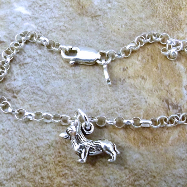 Sterling Silver Petite Corgi Charm on a Sterling Silver 3mm Rolo Bracelet - 0248