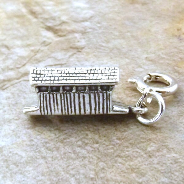 Sterling Silver Covered Bridge Charm - on Spring Ring Fits Both Link and European Charm Bracelets - 0438