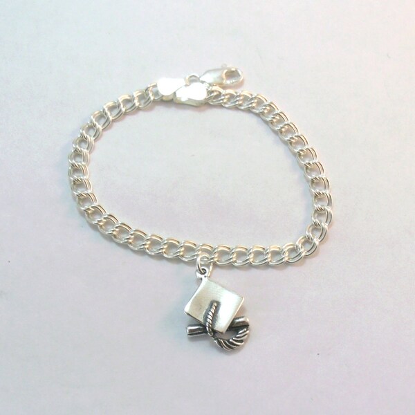 Sterling Silver Graduation Cap Charm on a Sterling Silver Double Link Traditional Charm Bracelet - 1377