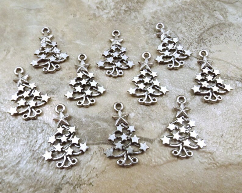 5311 Set of Ten 10 Pewter Christmas Tree Charms with Star Decorations