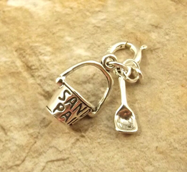 Sterling Silver Sand Pail & Shovel Charm on Spring Ring Fits Etsy