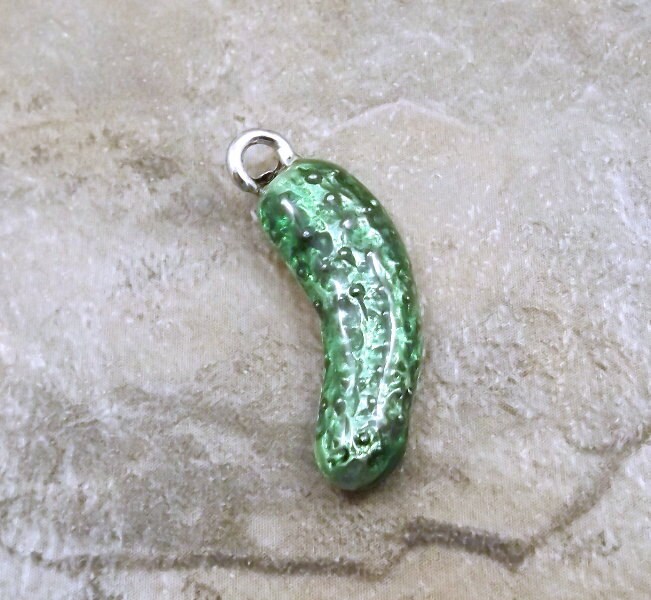 One (1) Green Enameled Pewter Pickle/Cucumber Charm - 1071