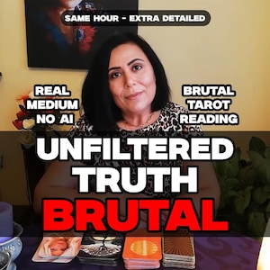 Könnte beinhalten: Eine Person mit dunklem Haar und einem Oberteil mit Leopardenmuster sitzt vor einem Tisch mit Tarotkarten. Textüberlagerungen lauten: SAME HOUR - EXTRA DETAILED, REAL MEDIUM NO AI, BRUTAL TAROT READING, UNFILTERED TRUTH und BRUTAL in Rot.