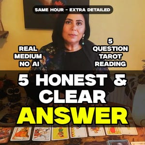 May include: A person with dark hair wearing a floral patterned top, positioned behind a table with tarot cards. Text overlays read: SAME HOUR - EXTRA DETAILED, REAL MEDIUM NO AI, 5 QUESTION TAROT READING, 5 HONEST & CLEAR ANSWER.