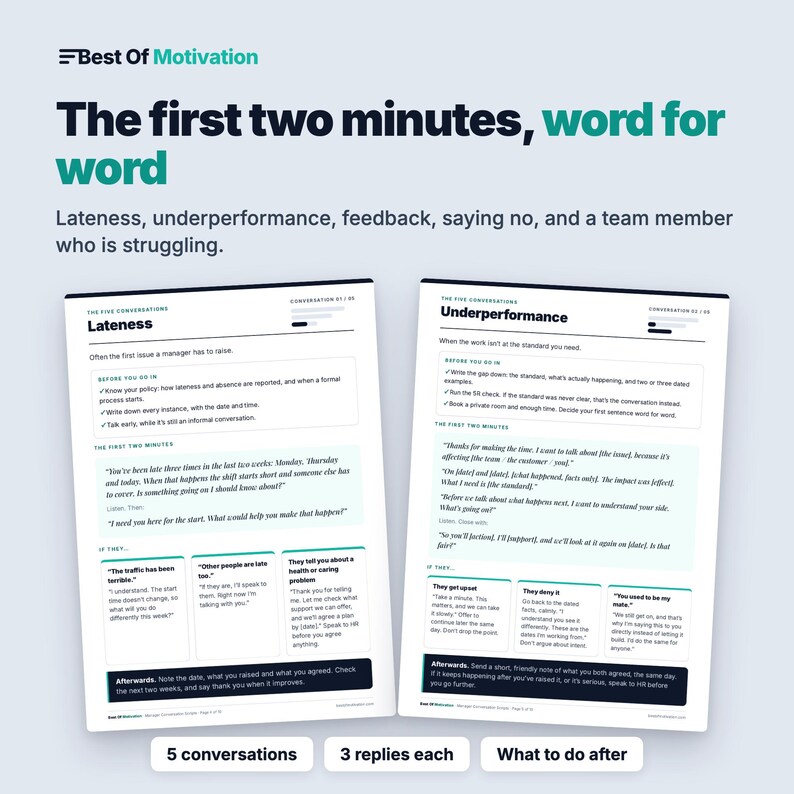Puede incluir: Un documento de dos p&aacute;ginas titulado Best Of Motivation con el texto The first two minutes, word for word. Describe estrategias de gesti&oacute;n para la tardanza y el bajo rendimiento, incluyendo guiones, gu&iacute;as de conversaci&oacute;n y pasos a seguir.